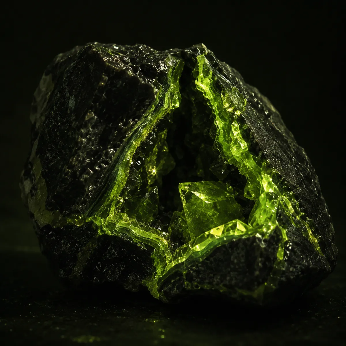 Real-world value crystallized — a mineral core veined with lime light