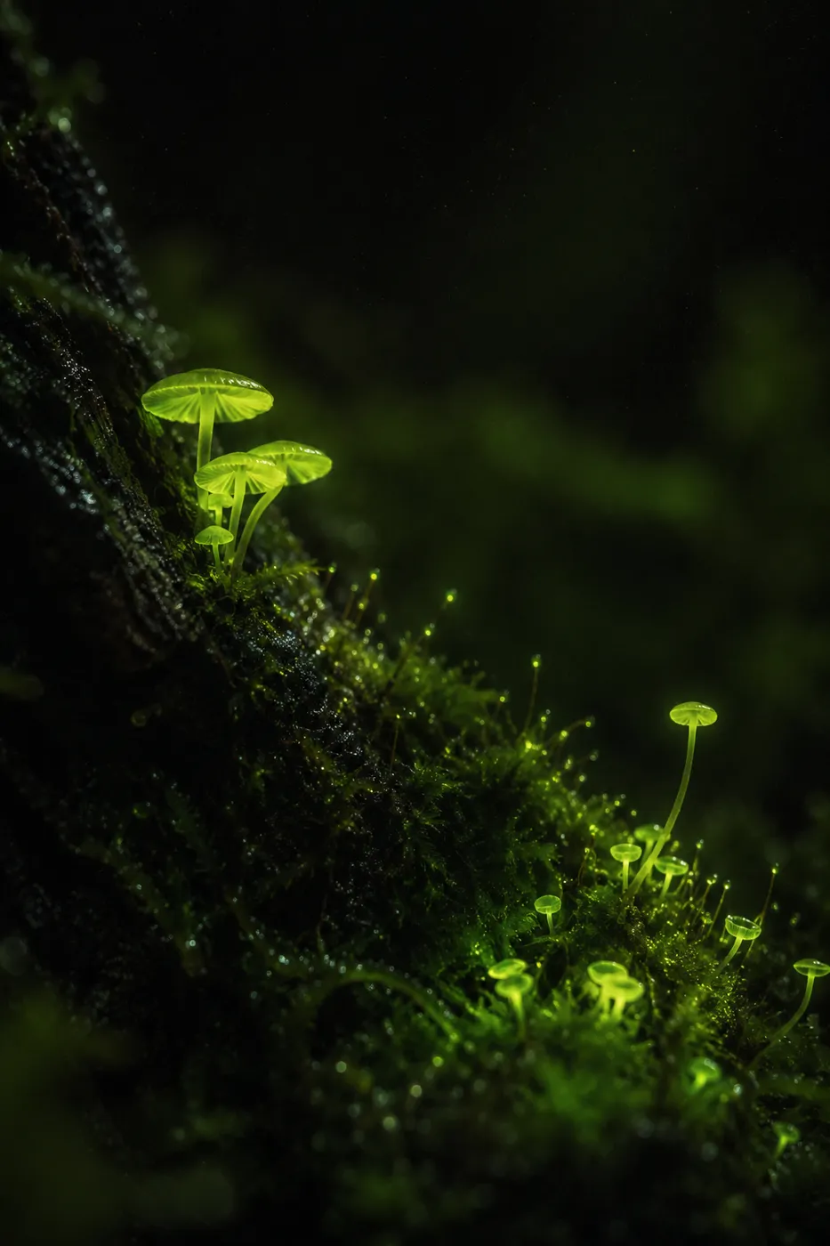 Bioluminescent moss glowing in the dark forest