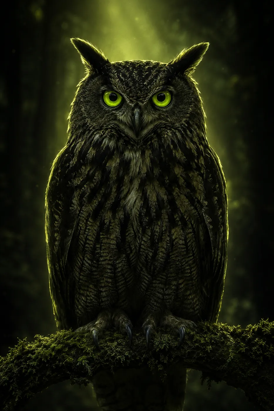 The Vigil sentinel — a watchful eagle-owl with lime eyes